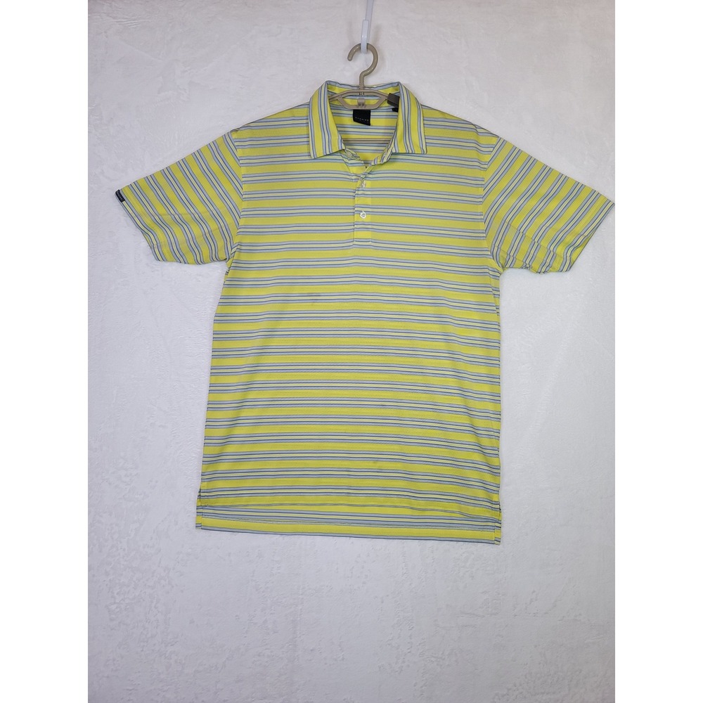 Dunning Golf Mens Large Yellow Grey Striped Performance Polo Shirt Size L Vaca